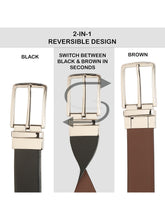 Load image into Gallery viewer, Teakwood Men's Premium Genuine Leather 2-in-1 Reversible Belt | Black &amp; Brown Natural Grain Leather Finish |Silver Vector Pin Buckle | Adjustable 35 mm Dress Belt for Formal, Casual, Office &amp; Business Wear
