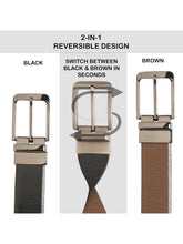Load image into Gallery viewer, Teakwood Men's Premium Genuine Leather 2-in-1 Reversible Belt | Black &amp; Brown Pebble Grain Leather Finish | Nickel Black Rounded Rectangle Pin Buckle | Adjustable 35 mm Dress Belt for Formal, Casual, Office &amp; Business Wear
