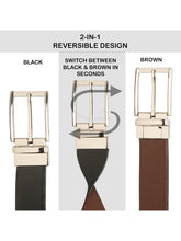 Load image into Gallery viewer, Teakwood Men's Premium Genuine Leather 2-in-1 Reversible Belt | Black &amp; Brown Fine Leather Finish |Nickle Black Rounded Rectangular Pin Buckle | Adjustable 35 mm Dress Belt for Formal, Casual, Office &amp; Business Wear
