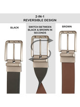 Load image into Gallery viewer, Teakwood Men's Premium Genuine Leather 2-in-1 Reversible Belt | Black &amp; Brown Natural Grain Leather Finish |Classic Brushed Pin Buckle | Adjustable 35 mm Dress Belt for Formal, Casual, Office &amp; Business Wear
