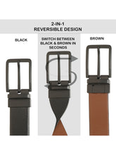 Load image into Gallery viewer, Teakwood Men's Premium Genuine Leather 2-in-1 Reversible Belt | Black &amp; Brown Crosshatch Textured Leather | Matte Black Rectangular Pin Buckle | Adjustable 35 mm Dress Belt for Formal, Casual, Office &amp; Business Wear
