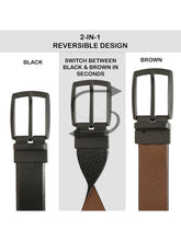 Load image into Gallery viewer, Teakwood Men's Premium Genuine Leather 2-in-1 Reversible Belt | Black &amp; Brown Crosshatch Textured Finish | Matte Black Contour Pin Buckle | Adjustable 35 mm Dress Belt for Formal, Casual, Office &amp; Business Wear
