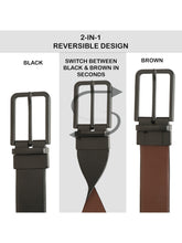 Load image into Gallery viewer, Teakwood Men's Premium Genuine Leather 2-in-1 Reversible Belt | Black &amp; Brown Natural Grain Leather Finish |Matte Black Slim Frame Pin Buckle | Adjustable 35 mm Dress Belt for Formal, Casual, Office &amp; Business Wear
