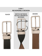 Load image into Gallery viewer, Teakwood Men's Premium Genuine Leather 2-in-1 Reversible Belt | Black &amp; Brown Natural Grain Leather Finish | Nickel Black  Slim Frame Pin Buckle | Adjustable 35 mm Dress Belt for Formal, Casual, Office &amp; Business Wear
