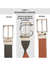 Load image into Gallery viewer, Teakwood Men's Premium Genuine Leather 2-in-1 Reversible Belt |  Black &amp; Brown Fine Leather Finish |  Nickle Black   Rounded Rectangular Pin Buckle | Adjustable 35 mm Dress Belt for Formal, Casual, Office &amp; Business Wear

