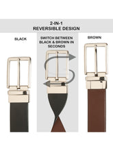 Load image into Gallery viewer, Teakwood Men's Premium Genuine Leather 2-in-1 Reversible Belt | Black &amp; Brown Natural Grain Leather Finish |Silver Refined Slim Frame Pin Buckle | Adjustable 35 mm Dress Belt for Formal, Casual, Office &amp; Business Wear
