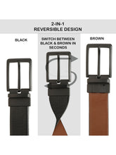 Load image into Gallery viewer, Teakwood Men's Premium Genuine Leather 2-in-1 Reversible Belt | Black &amp; Brown Crosshatch Textured Finish | Matte Black Refined Slim Frame Pin Buckle | Adjustable 35 mm Dress Belt for Formal, Casual, Office &amp; Business Wear
