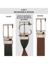 Load image into Gallery viewer, Teakwood Men's Premium Genuine Leather 2-in-1 Reversible Belt | Black &amp; Brown Natural Grain Leather Finish |Nickle Black Classic Curved Pin Buckle | Adjustable 35 mm Dress Belt for Formal, Casual, Office &amp; Business Wear
