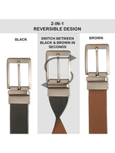 Load image into Gallery viewer, Teakwood Men's Premium Genuine Leather 2-in-1 Reversible Belt | Black &amp; Brown Crosshatch Textured Finish | Brushed Square Rectangular Pin Buckle | Adjustable 35 mm Dress Belt for Formal, Casual, Office &amp; Business Wear
