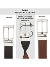Load image into Gallery viewer, Teakwood Men's Premium Genuine Leather 2-in-1 Reversible Belt | Black &amp; Brown Natural Grain Leather Finish |Silver Straight Edge Rectangle Buckle | Adjustable 35 mm Dress Belt for Formal, Casual, Office &amp; Business Wear
