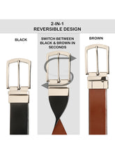 Load image into Gallery viewer, Teakwood Men's Premium Genuine Leather 2-in-1 Reversible Belt | Black &amp; Brown Crosshatch Textured Finish | Silver  Classic Curved Pin Buckle | Adjustable 35 mm Dress Belt for Formal, Casual, Office &amp; Business Wear
