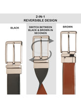 Load image into Gallery viewer, Teakwood Men's Premium Genuine Leather 2-in-1 Reversible Belt | Black &amp; Brown Fine Leather Finish | Nickel Black Refined Slim Frame Pin Buckle | Adjustable 35 mm Dress Belt for Formal, Casual, Office &amp; Business Wear
