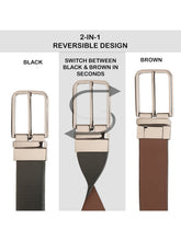 Load image into Gallery viewer, Teakwood Men's Premium Genuine Leather 2-in-1 Reversible Belt | Black &amp; Brown Natural Grain Leather Finish |Nickle Black Radius Pin Buckle | Adjustable 35 mm Dress Belt for Formal, Casual, Office &amp; Business Wear
