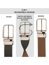 Load image into Gallery viewer, Teakwood Men's Premium Genuine Leather 2-in-1 Reversible Belt | Black &amp; Brown Pebble Grain Leather Finish | Nickel Black Radius Pin Buckle | Adjustable 35 mm Dress Belt for Formal, Casual, Office &amp; Business Wear
