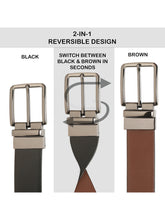 Load image into Gallery viewer, Teakwood Men's Premium Genuine Leather 2-in-1 Reversible Belt | Black &amp; Brown Natural Grain Leather Finish |Polished Black Nickel Rounded Rectangular Pin Buckle | Adjustable 35 mm Dress Belt for Formal, Casual, Office &amp; Business Wear
