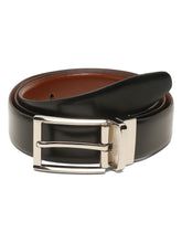 Load image into Gallery viewer, Teakwood Men's Premium Genuine Leather 2-in-1 Reversible Belt |  Black &amp; Brown Fine Leather Finish |  Silver   Rounded Rectangular Pin Buckle | Adjustable 35 mm Dress Belt for Formal, Casual, Office &amp; Business Wear
