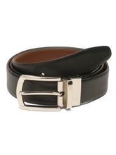 Load image into Gallery viewer, Teakwood Men's Premium Genuine Leather 2-in-1 Reversible Belt | Black &amp; Brown Crosshatch Textured Finish | Silver  Classic Curved Pin Buckle | Adjustable 35 mm Dress Belt for Formal, Casual, Office &amp; Business Wear
