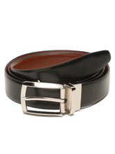 Load image into Gallery viewer, Teakwood Men's Premium Genuine Leather 2-in-1 Reversible Belt | Black &amp; Brown Fine Leather Finish | Silver Contour Pin Buckle | Adjustable 35 mm Dress Belt for Formal, Casual, Office &amp; Business Wear
