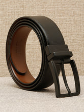 Load image into Gallery viewer, Teakwood Men's Premium Genuine Leather 2-in-1 Reversible Belt | Black &amp; Brown Crosshatch Textured Finish | Matte Black Linear Edge Pin Buckle | Adjustable 35 mm Dress Belt for Formal, Casual, Office &amp; Business Wear

