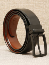 Load image into Gallery viewer, Teakwood Men's Premium Genuine Leather 2-in-1 Reversible Belt | Black &amp; Brown Fine Leather Finish | Matte Black Vector Pin Buckle | Adjustable 35 mm Dress Belt for Formal, Casual, Office &amp; Business Wear
