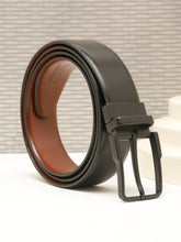 Load image into Gallery viewer, Teakwood Men's Premium Genuine Leather 2-in-1 Reversible Belt | Black &amp; Brown Natural Grain Leather Finish |Matte  black   Classic Angular Pin Buckle | Adjustable 35 mm Dress Belt for Formal, Casual, Office &amp; Business Wear
