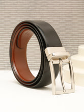 Load image into Gallery viewer, Teakwood Men's Premium Genuine Leather 2-in-1 Reversible Belt |  Black &amp; Brown Fine Leather Finish |  Silver   Rounded Rectangular Pin Buckle | Adjustable 35 mm Dress Belt for Formal, Casual, Office &amp; Business Wear
