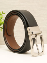 Load image into Gallery viewer, Teakwood Men's Premium Genuine Leather 2-in-1 Reversible Belt | Black &amp; Brown Crosshatch Textured Finish | Silver  Classic Curved Pin Buckle | Adjustable 35 mm Dress Belt for Formal, Casual, Office &amp; Business Wear
