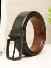 Load image into Gallery viewer, Teakwood Men's Premium Genuine Leather 2-in-1 Reversible Belt | Black &amp; Brown Crosshatch Textured Finish | Matte Black Classic Curved Pin Buckle | Adjustable 35 mm Dress Belt for Formal, Casual, Office &amp; Business Wear
