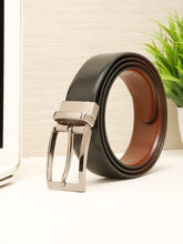 Load image into Gallery viewer, Teakwood Men's Premium Genuine Leather 2-in-1 Reversible Belt | Black &amp; Brown Crosshatch Textured Finish | Nickle Black Classic Curved Pin Buckle | Adjustable 35 mm Dress Belt for Formal, Casual, Office &amp; Business Wear
