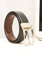 Load image into Gallery viewer, Teakwood Men's Premium Genuine Leather 2-in-1 Reversible Belt | Black &amp; Brown Natural Grain Leather Finish |Silver  Classic Tapered Pin Buckle | Adjustable 35 mm Dress Belt for Formal, Casual, Office &amp; Business Wear
