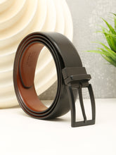 Load image into Gallery viewer, Teakwood Men's Premium Genuine Leather 2-in-1 Reversible Belt | Black &amp; Brown Natural Grain Leather Finish |Matte Black Classic Tapered Pin Buckle | Adjustable 35 mm Dress Belt for Formal, Casual, Office &amp; Business Wear
