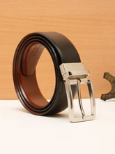 Load image into Gallery viewer, Teakwood Men's Premium Genuine Leather 2-in-1 Reversible Belt | Black &amp; Brown Fine Leather Finish | Silver  Rectangular Pin Buckle | Adjustable 35 mm Dress Belt for Formal, Casual, Office &amp; Business Wear
