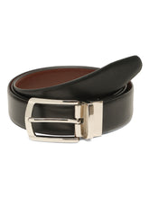 Load image into Gallery viewer, Teakwood Men's Premium Genuine Leather 2-in-1 Reversible Belt | Black &amp; Brown Natural Grain Leather Finish |Silver Classic Curved Pin Buckle | Adjustable 35 mm Dress Belt for Formal, Casual, Office &amp; Business Wear
