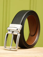 Load image into Gallery viewer, Teakwood Men's Premium Genuine Leather 2-in-1 Reversible Belt | Black &amp; Brown Crosshatch Textured Finish | Silver Classic Rounded Square Pin Buckle | Adjustable 35 mm Dress Belt for Formal, Casual, Office &amp; Business Wear
