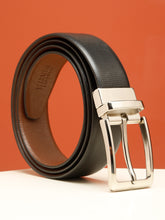 Load image into Gallery viewer, Teakwood Men's Premium Genuine Leather 2-in-1 Reversible Belt | Black &amp; Brown Crosshatch Textured Finish | Silver Linear Pin Buckle | Adjustable 35 mm Dress Belt for Formal, Casual, Office &amp; Business Wear
