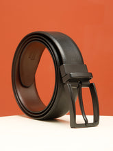 Load image into Gallery viewer, Teakwood Men's Premium Genuine Leather 2-in-1 Reversible Belt | Black &amp; Brown Natural Grain Leather Finish |Matte Black Linear Edge Pin Buckle | Adjustable 35 mm Dress Belt for Formal, Casual, Office &amp; Business Wear
