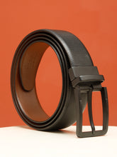 Load image into Gallery viewer, Teakwood Men's Premium Genuine Leather 2-in-1 Reversible Belt | Black &amp; Brown Crosshatch Textured Leather | Matte Black Rectangular Pin Buckle | Adjustable 35 mm Dress Belt for Formal, Casual, Office &amp; Business Wear
