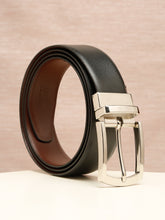 Load image into Gallery viewer, Teakwood Men's Premium Genuine Leather 2-in-1 Reversible Belt | Black &amp; Brown Natural Grain Leather Finish |Silver Classic Curved Pin Buckle | Adjustable 35 mm Dress Belt for Formal, Casual, Office &amp; Business Wear
