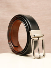 Load image into Gallery viewer, Teakwood Men's Premium Genuine Leather 2-in-1 Reversible Belt | Black &amp; Brown Natural Grain Leather Finish | Silver Slim Frame Pin Buckle | Adjustable 35 mm Dress Belt for Formal, Casual, Office &amp; Business Wear
