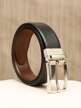 Load image into Gallery viewer, Teakwood Men's Premium Genuine Leather 2-in-1 Reversible Belt | Black &amp; Brown Natural Grain Leather Finish |Silver Linear Edge Pin Buckle | Adjustable 35 mm Dress Belt for Formal, Casual, Office &amp; Business Wear
