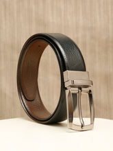 Load image into Gallery viewer, Teakwood Men's Premium Genuine Leather 2-in-1 Reversible Belt | Black &amp; Brown Crosshatch Textured Finish | Nickle Black Contour Pin Buckle | Adjustable 35 mm Dress Belt for Formal, Casual, Office &amp; Business Wear
