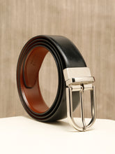 Load image into Gallery viewer, Teakwood Men's Premium Genuine Leather 2-in-1 Reversible Belt | Black &amp; Brown Crosshatch Textured Leather | Silver  Rectangular Pin Buckle | Adjustable 35 mm Dress Belt for Formal, Casual, Office &amp; Business Wear
