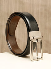 Load image into Gallery viewer, Teakwood Men's Premium Genuine Leather 2-in-1 Reversible Belt | Black &amp; Brown Natural Grain Leather Finish | Silver  Slim Frame Pin Buckle | Adjustable 35 mm Dress Belt for Formal, Casual, Office &amp; Business Wear
