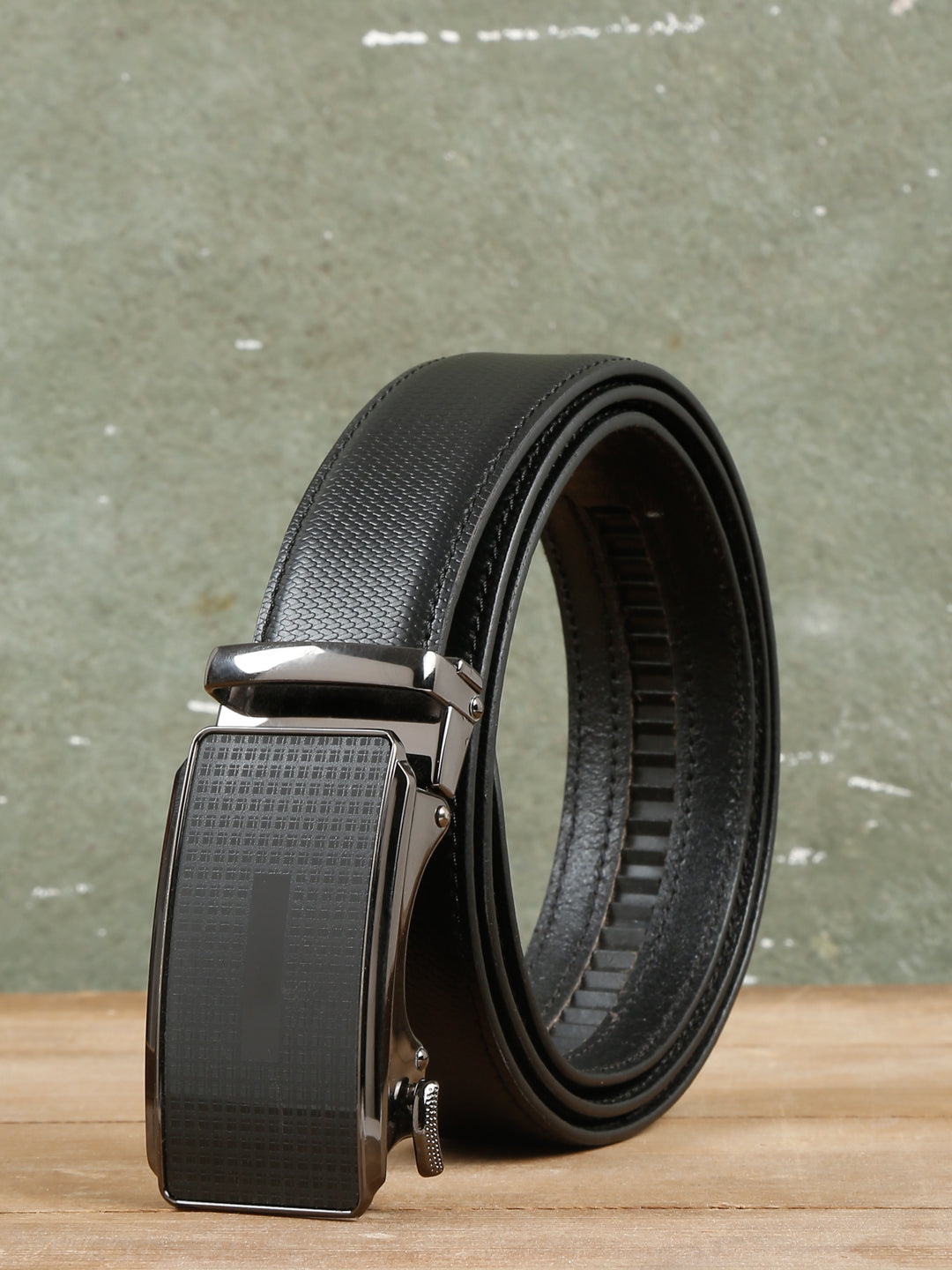 Men Texture Black Leather Auto Lock Buckle Belt Teakwood Leathers