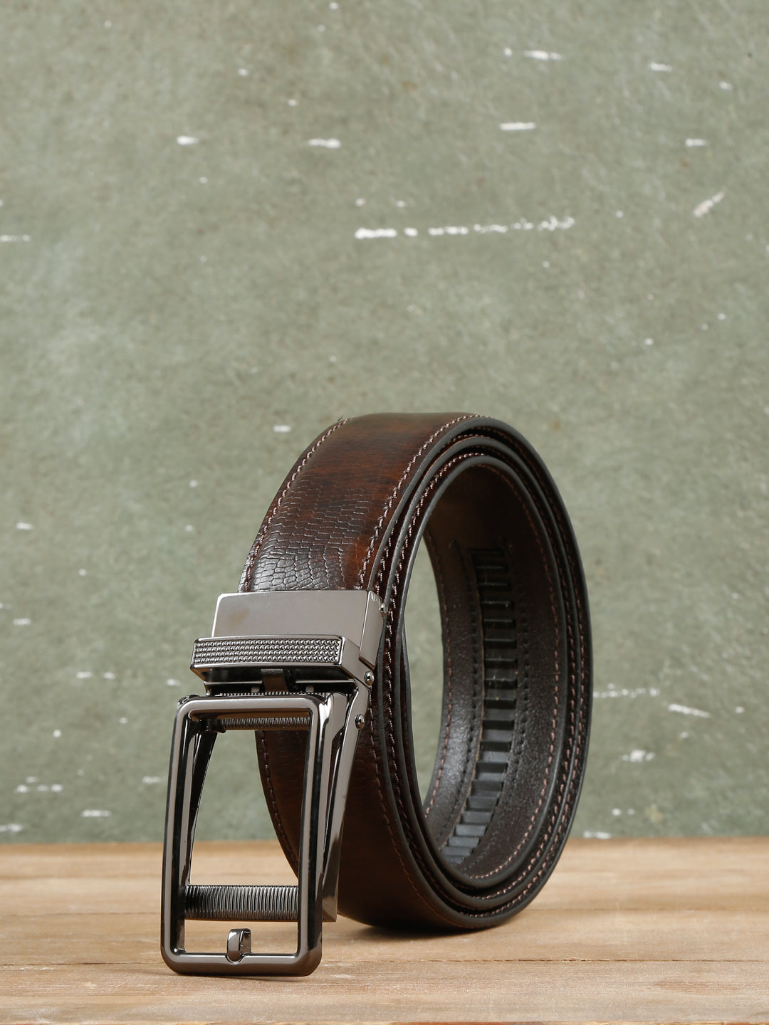 Men Brown Lizard Texture Leather Auto-Lock Buckle Belt