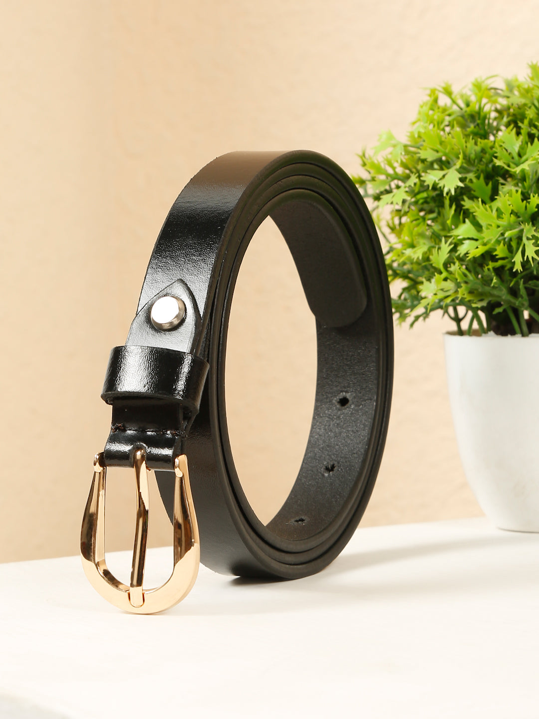 Women's Classic Black Leather Belt with Polished Gold Buckle