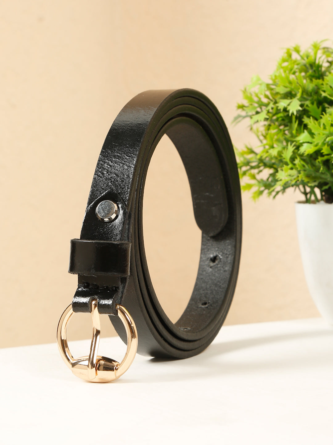 Women’s 15mm Black Leather Belt with Gold Round Buckle