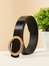 Load image into Gallery viewer, Women’s 20mm Black Leather Belt with Polished Gold Circle Buckle

