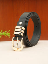 Load image into Gallery viewer, Women&#39;s Black Leather Belt with Round Gold Buckle
