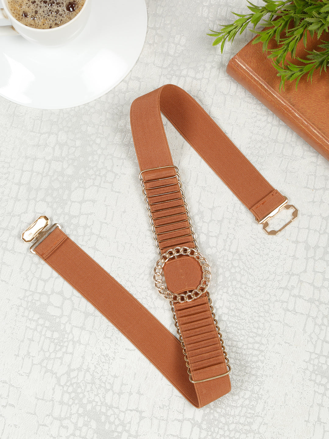 Women's Inch Elastic Tan And Gold Belt